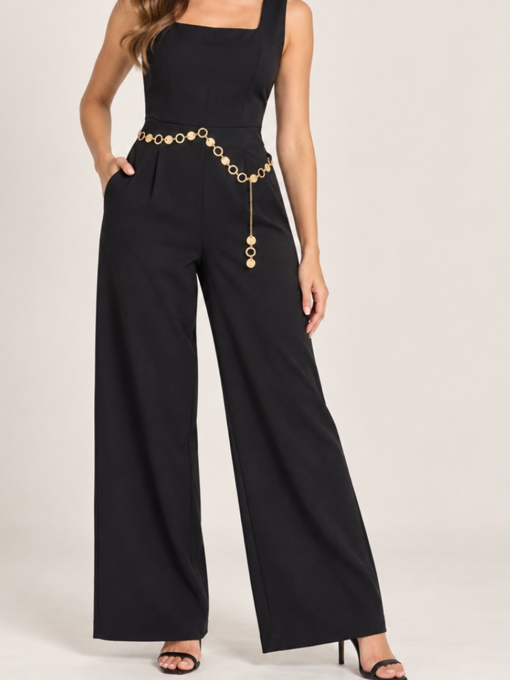 DKNY Black Wide-Leg Jumpsuit with Square Neckline